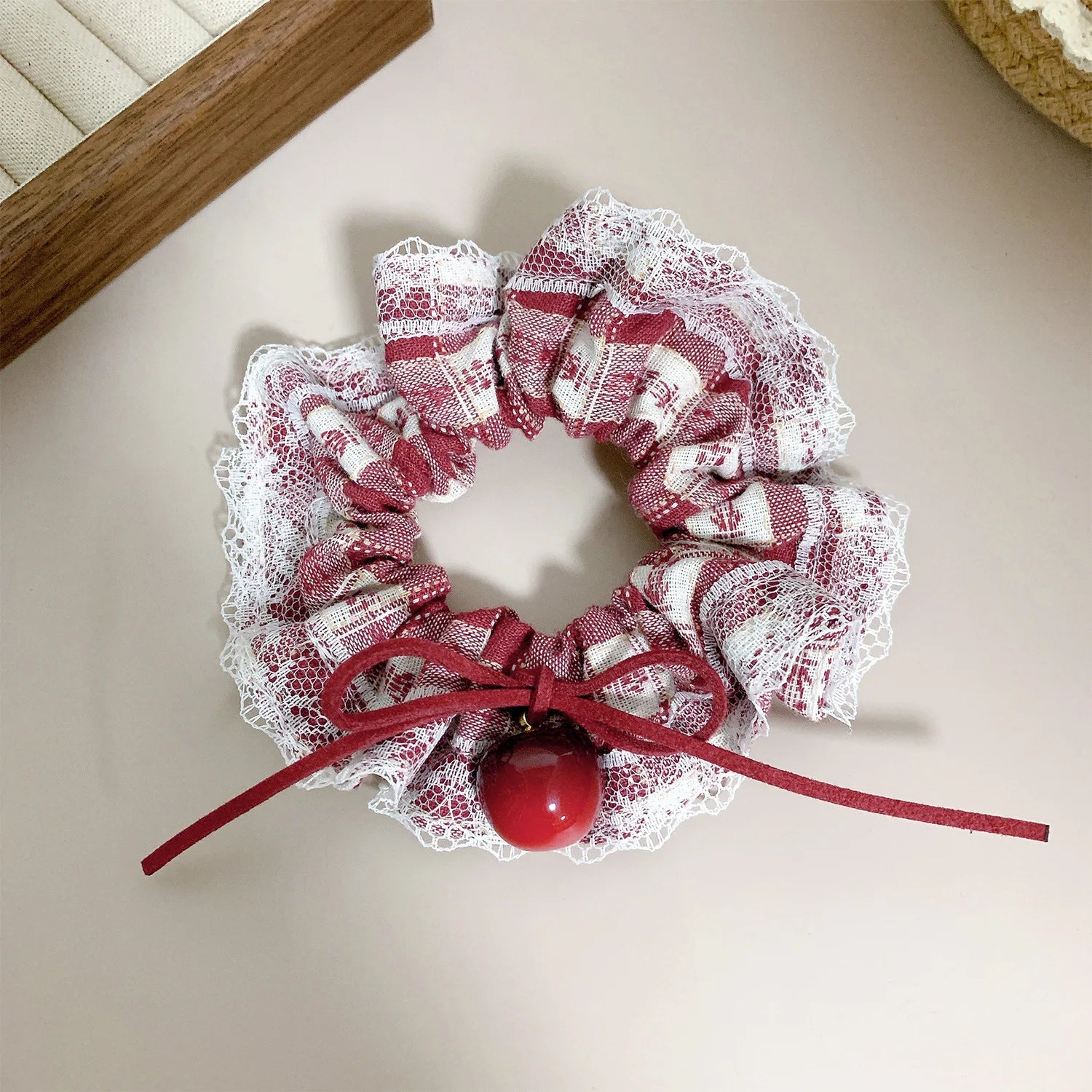 Large intestine headbands cherry hair tie square side ponytail headband red checkered hair accessory for women