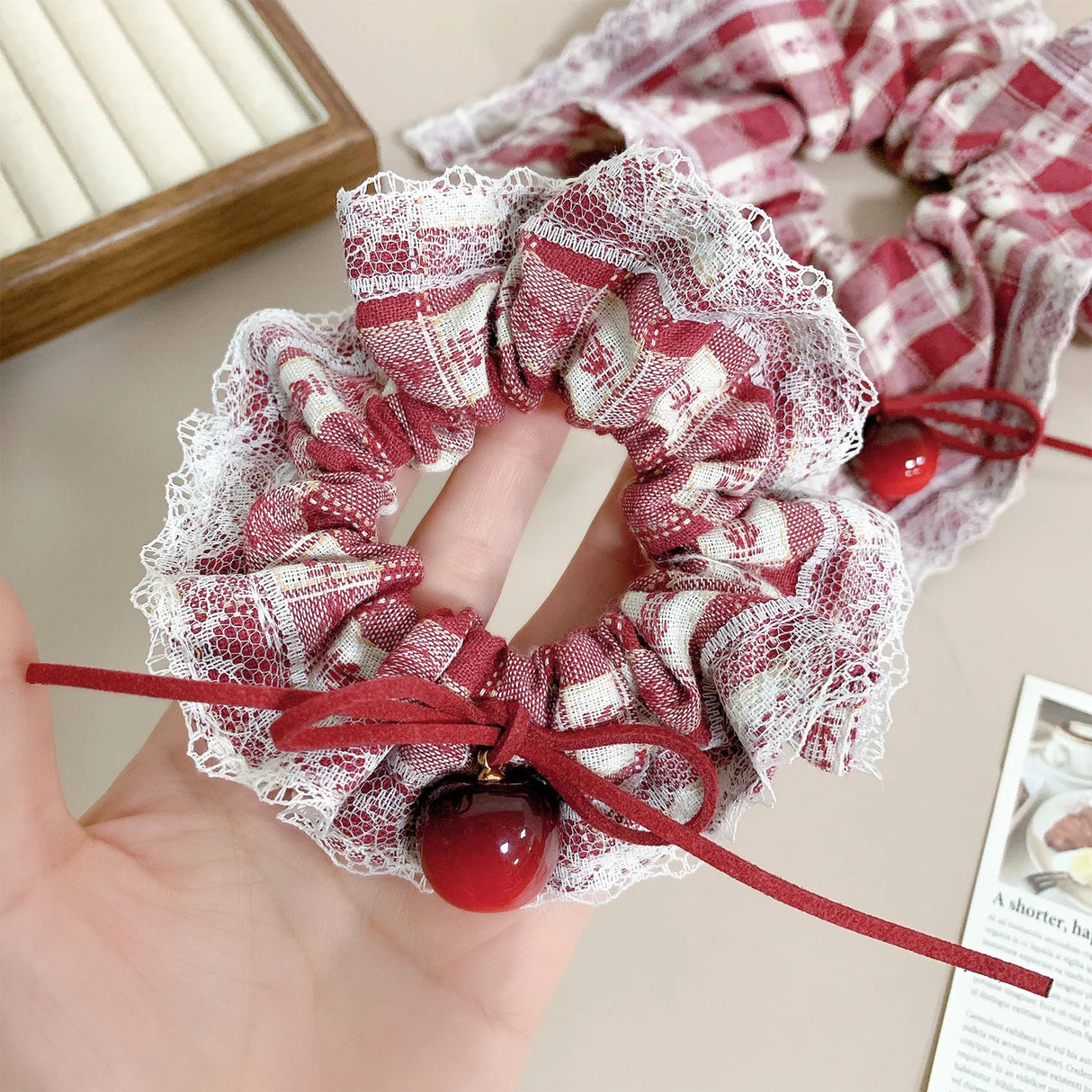 Large intestine headbands cherry hair tie square side ponytail headband red checkered hair accessory for women