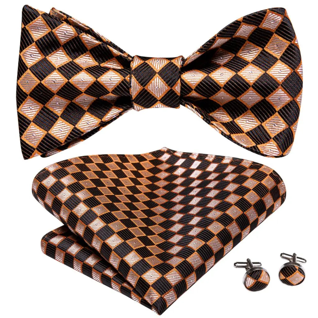 Hi-Tie - Juego de gemelos y pañuelo de seda para hombre, diseño de lazo, en azul, rojo, dorado, negro y blanco, con nudo de mariposa en jacquard para boda y negocios