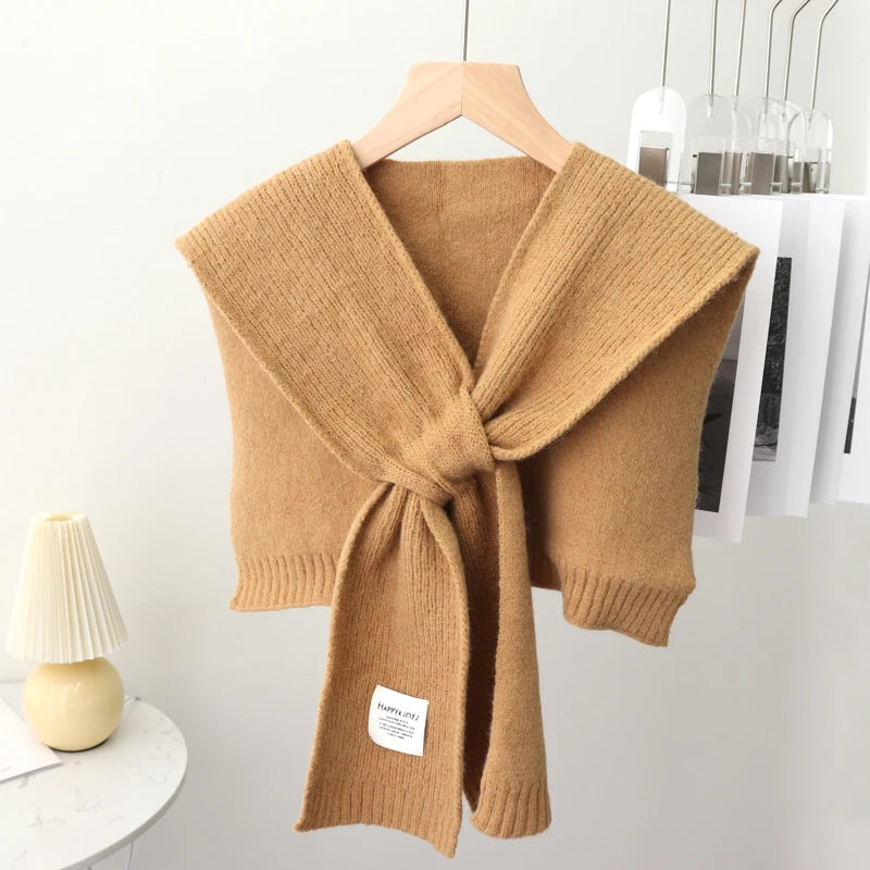 Chal de punto cálido de color puro coreano para invierno, blusa femenina con hombros descubiertos y cuello falso, bufanda anudada, protector de cuello para mujer