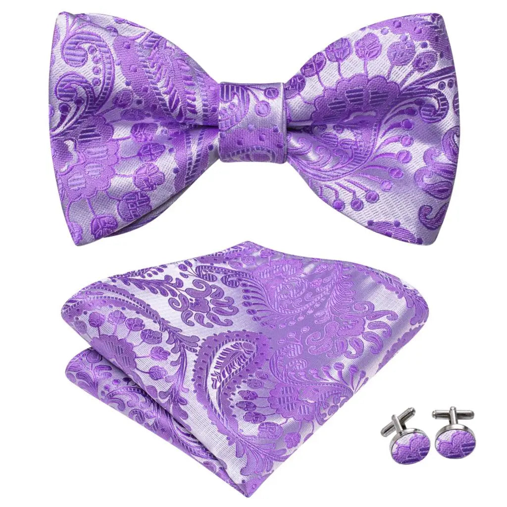 Hi-Tie - Juego de gemelos y pañuelo de seda para hombre, diseño de lazo, en azul, rojo, dorado, negro y blanco, con nudo de mariposa en jacquard para boda y negocios