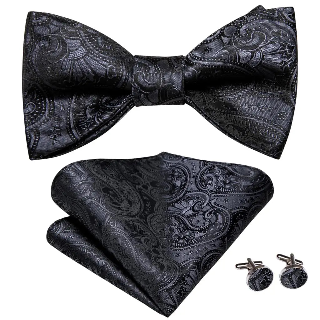 Hi-Tie - Juego de gemelos y pañuelo de seda para hombre, diseño de lazo, en azul, rojo, dorado, negro y blanco, con nudo de mariposa en jacquard para boda y negocios