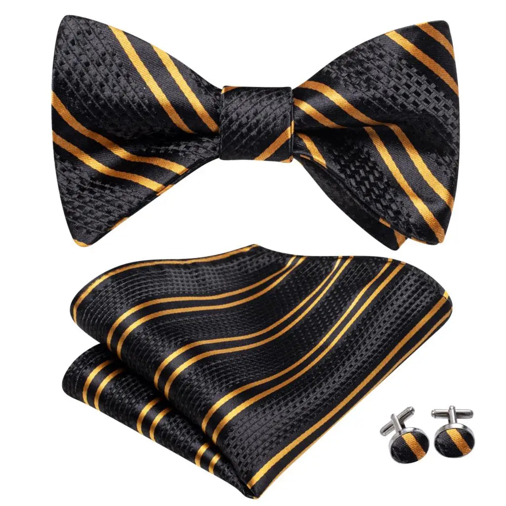 Hi-Tie - Juego de gemelos y pañuelo de seda para hombre, diseño de lazo, en azul, rojo, dorado, negro y blanco, con nudo de mariposa en jacquard para boda y negocios