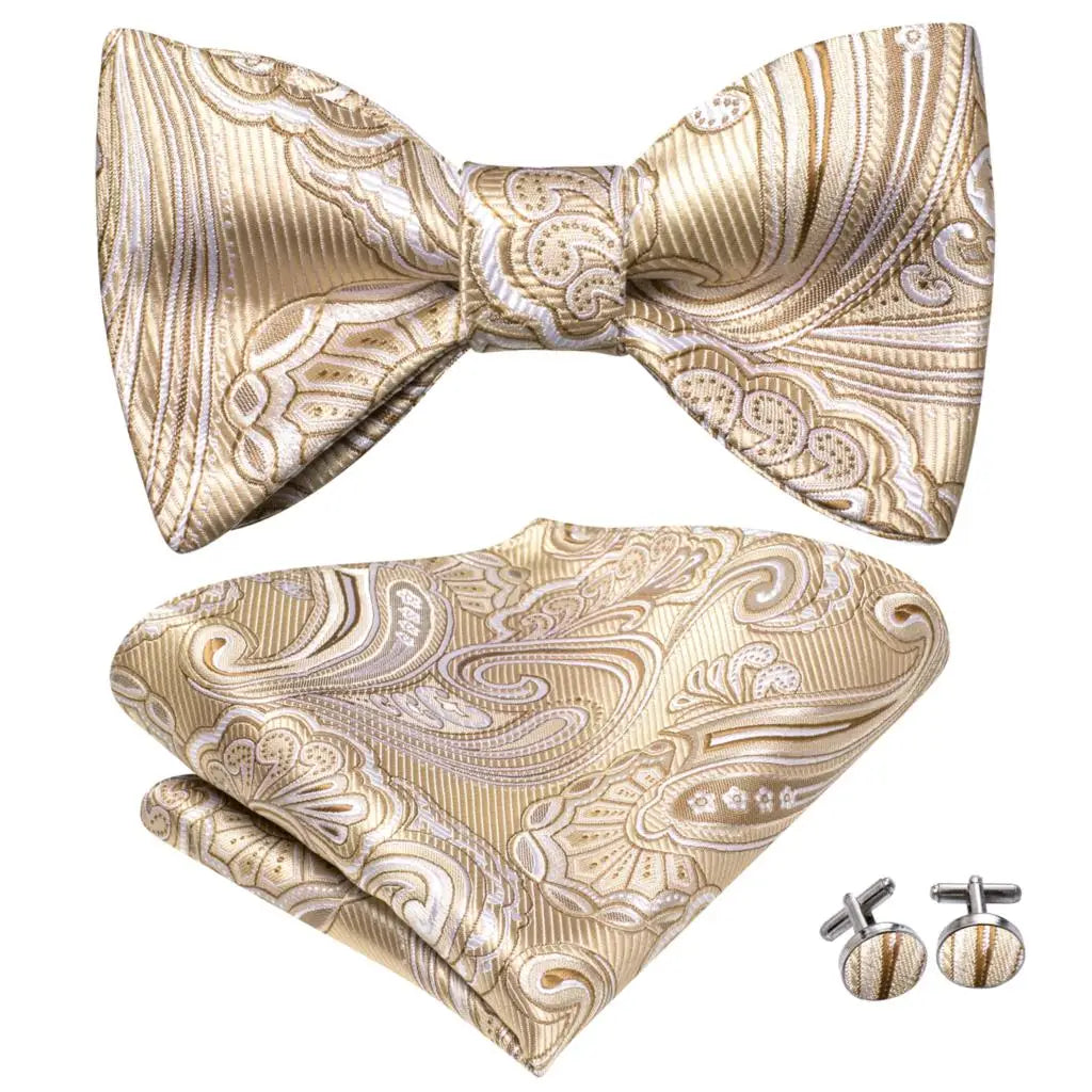 Hi-Tie - Juego de gemelos y pañuelo de seda para hombre, diseño de lazo, en azul, rojo, dorado, negro y blanco, con nudo de mariposa en jacquard para boda y negocios