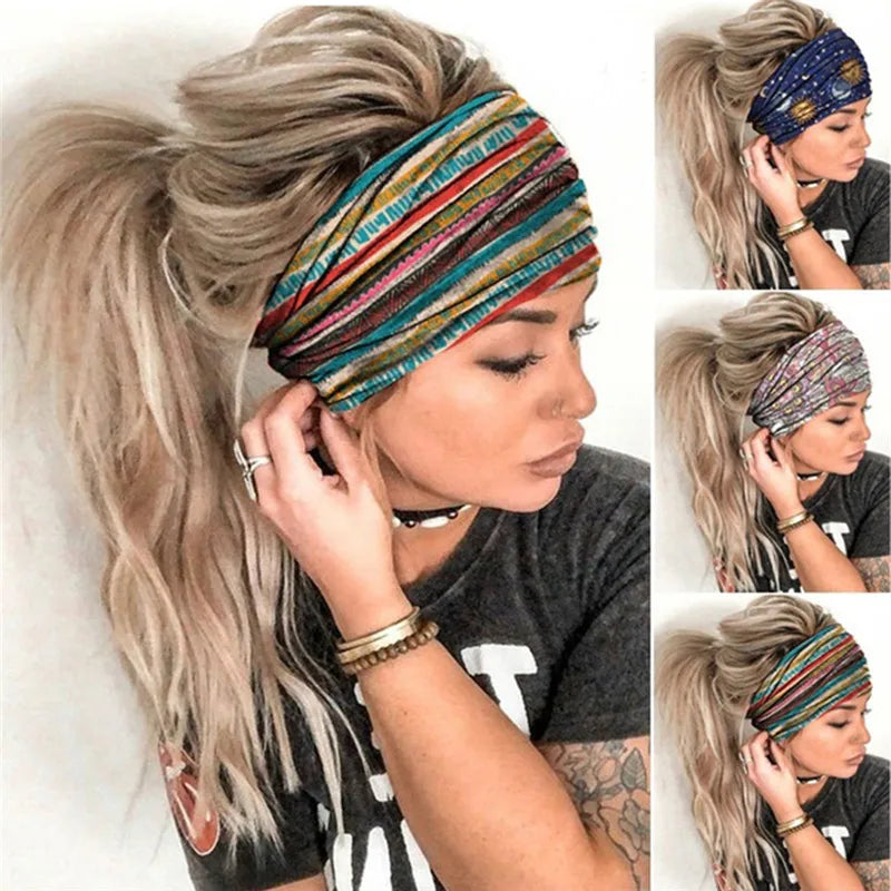 New Boho Flower Print Wide Headbands Vintage Knot Elastic Turban Headwrap for Women Girls Cotton Soft Bandana Hair Accessories