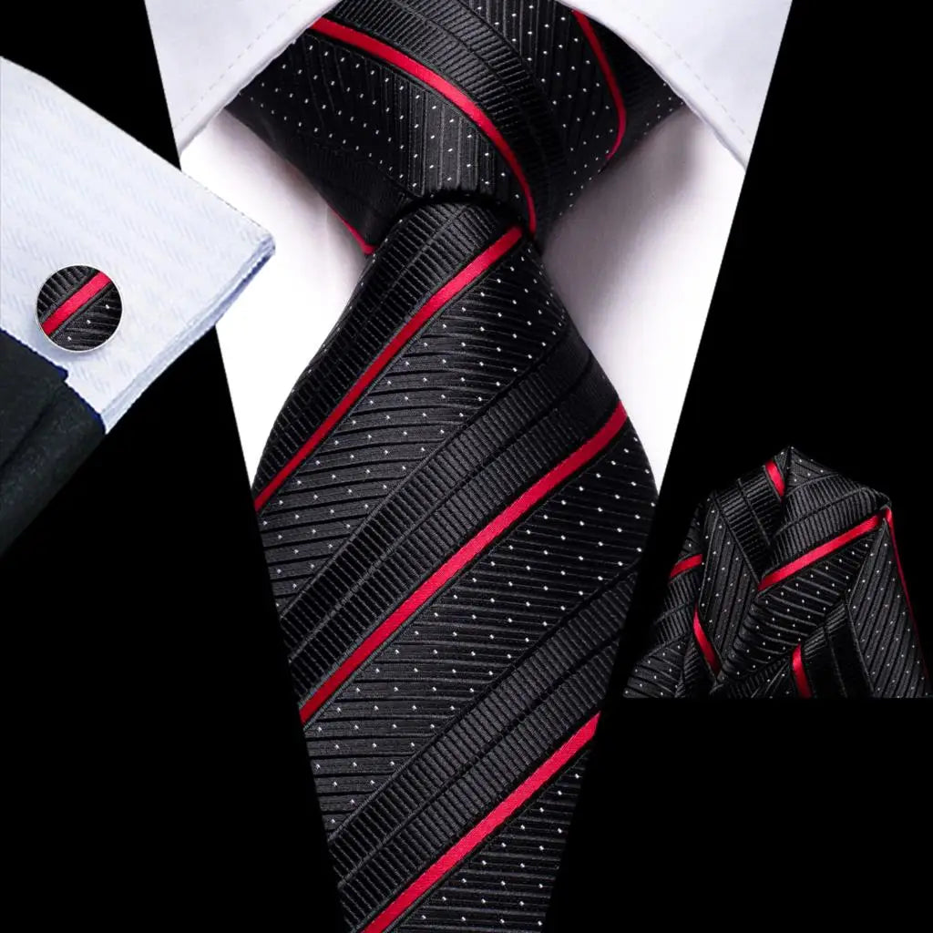 Corbata de boda de seda a rayas negras y rojas para hombre, gemelos de regalo, corbata de moda para negocios y fiestas, envío directo, diseño Hi-Tie
