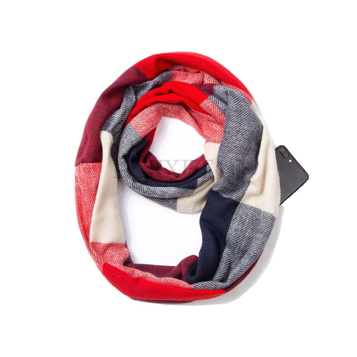 Damen Kaschmir-Schal mit Karomuster, warm, für den Winter, mit verstecktem Reißverschluss, Taschenschal, Damenhals, warm, Reise-Ringschal