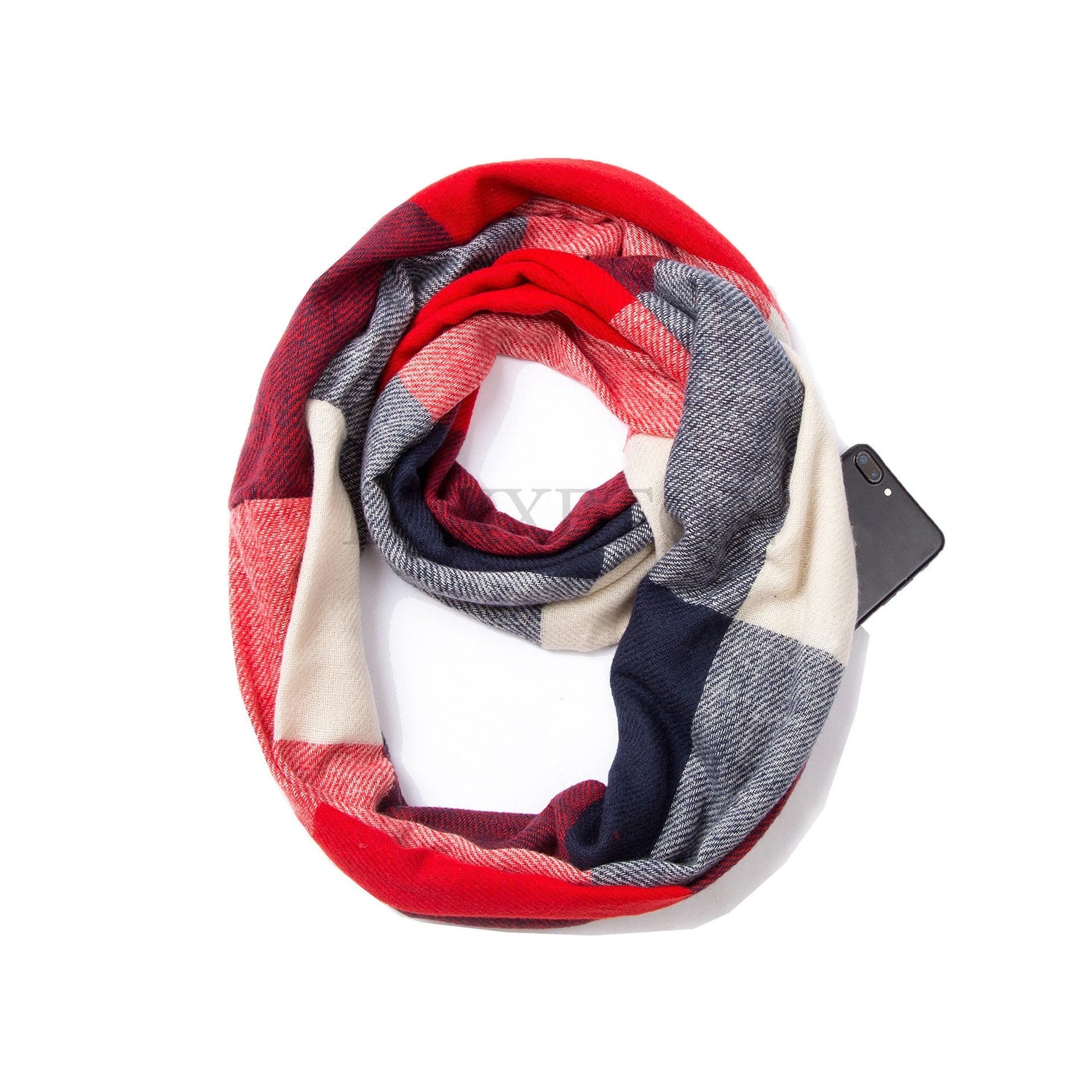 Damen Kaschmir-Schal mit Karomuster, warm, für den Winter, mit verstecktem Reißverschluss, Taschenschal, Damenhals, warm, Reise-Ringschal