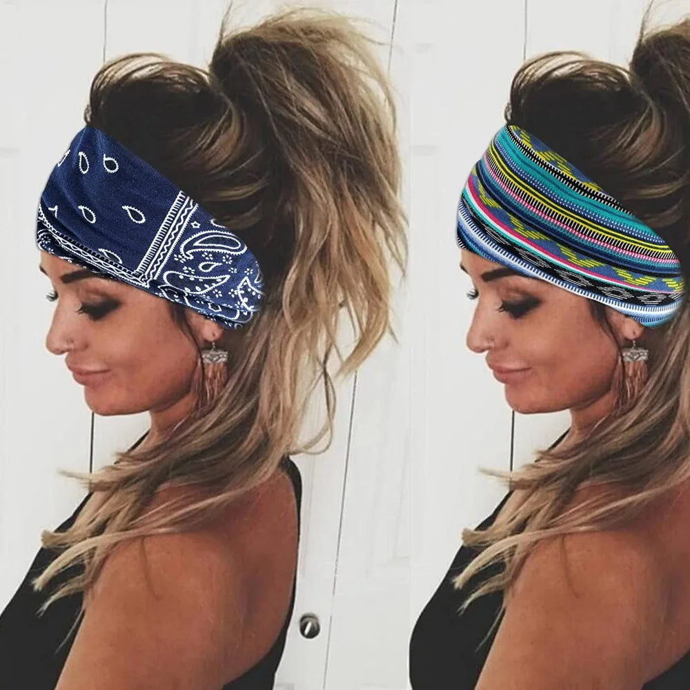 Fashion Boho Ethnic Style Headbands Vintage Knot Elastic Turban Headwrap For Women Girls Hair Band Soft Bandana Hair Accessories