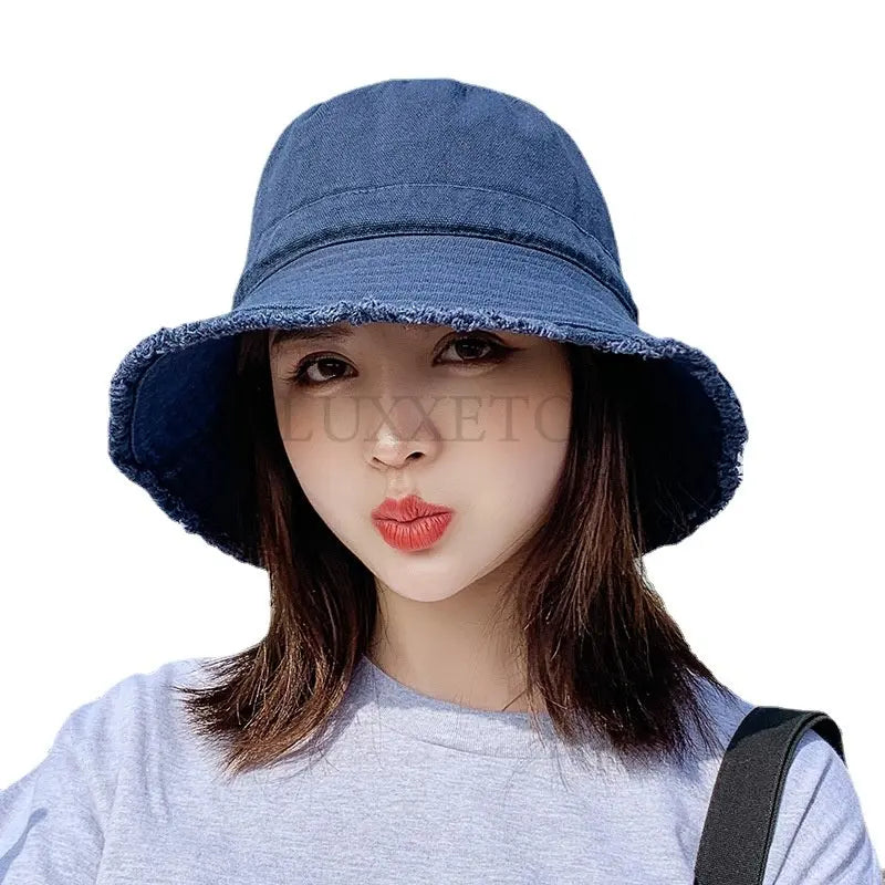 Cotton Dome Top Sun Bucket Hats Solid Panama Women Summer Caps Wide Brim Foldable Outdoor Travel Hat Anti-UV Beach Caps Bonnet