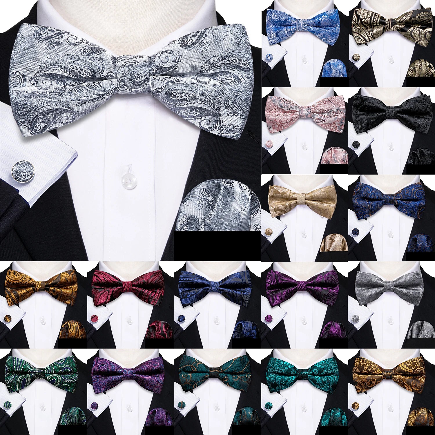 Barry.Wang Silk Mens Bow Tie White Green Pink Purple Jacquard Paisley Floral Pre-Tied Bowtie Hanky Cuffs Set Wedding Business