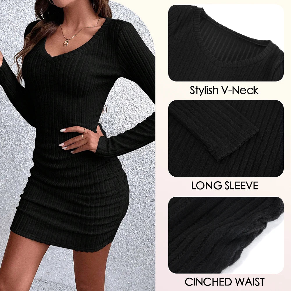 Mia Muse Women's Dresses Fall Winter Ribbed Knitted Slim Plain Sexy V-Neck Bodysuit Mini Casual Long Sleeve Short  Dresses