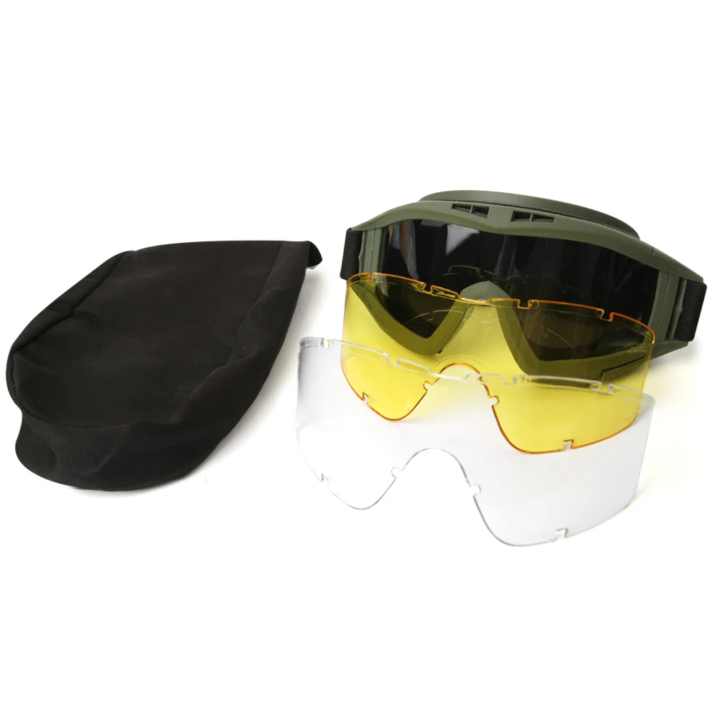 Outdoor Airsoft Tactical Goggles 3 Lenses Wind and Dust Resistant Shooting Motocross Mountaineering Glasses CS Safety Protection