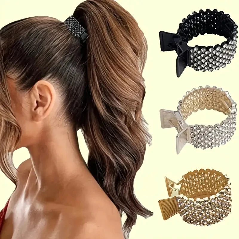Pince à cheveux tendance en métal avec perles et strass pour femmes et filles, mini support pour queue de cheval haute, pinces à cheveux en cristal, élégante, pour fête