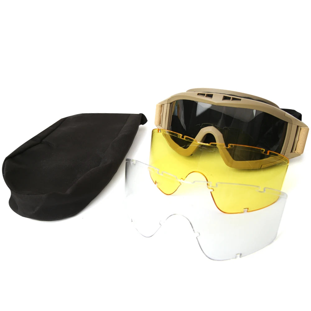 Outdoor Airsoft Tactical Goggles 3 Lenses Wind and Dust Resistant Shooting Motocross Mountaineering Glasses CS Safety Protection