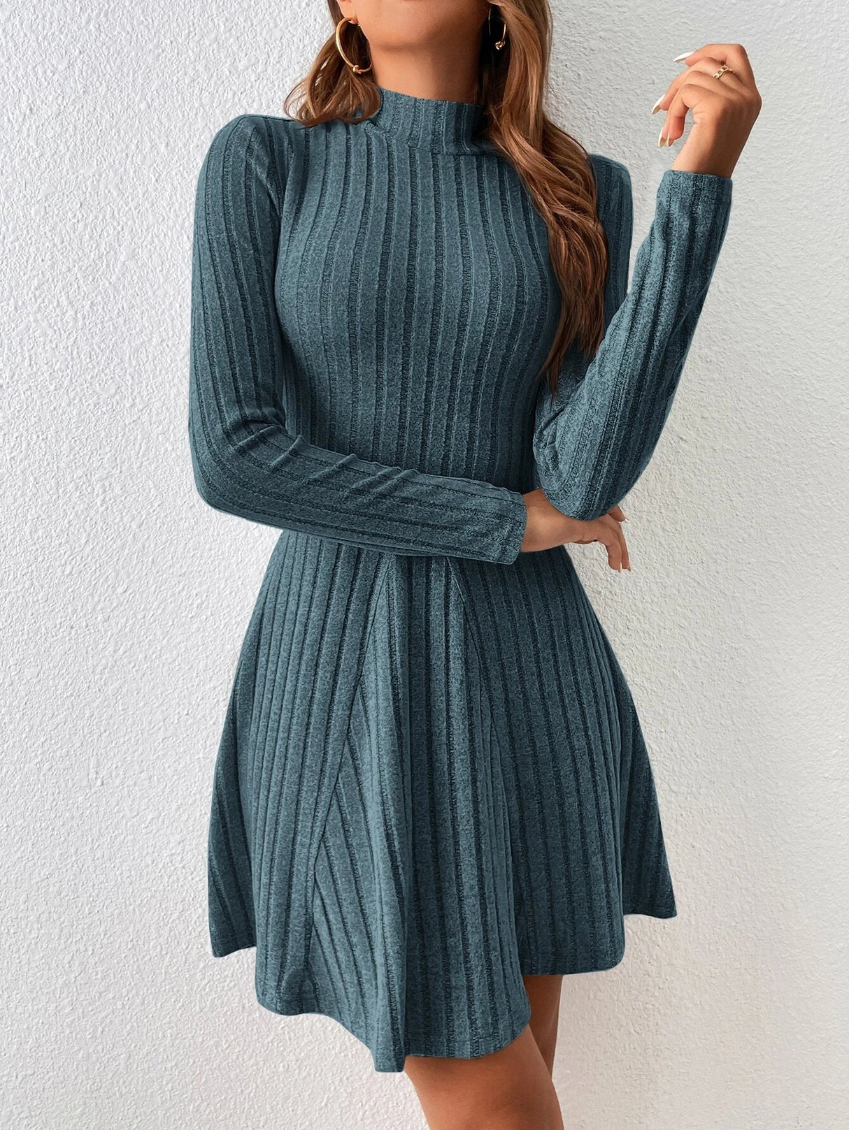 Mia Muse Women's Dresses Fall Winter Simple Solid Color Long Sleeve Mock Neck A Line High Waisted Flare Hem Casual Short Dresses