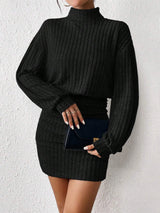 Mia Muse Women's Dresses Fall Winter Casual Plain Knitted Pullover Long Lantern Sleeve High Neck Mini A-Line Short Dresses