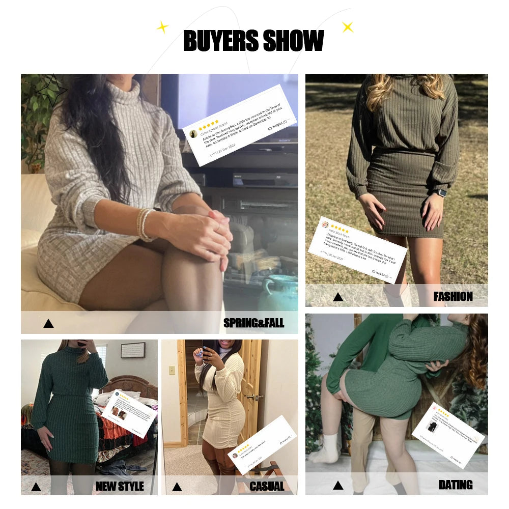 Mia Muse Women's Dresses Fall Winter Casual Plain Knitted Pullover Long Lantern Sleeve High Neck Mini A-Line Short Dresses