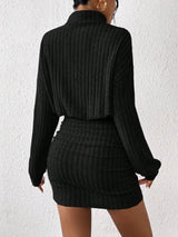 Mia Muse Women's Dresses Fall Winter Casual Plain Knitted Pullover Long Lantern Sleeve High Neck Mini A-Line Short Dresses