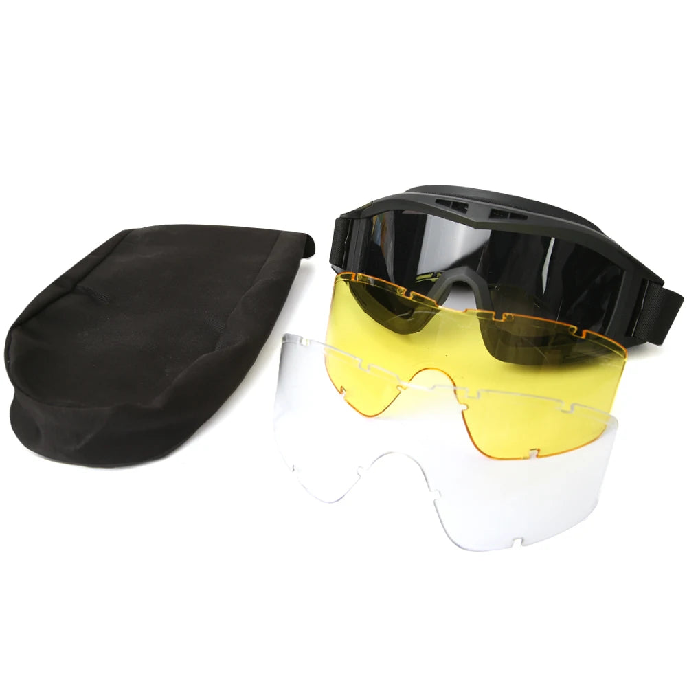 Outdoor Airsoft Tactical Goggles 3 Lenses Wind and Dust Resistant Shooting Motocross Mountaineering Glasses CS Safety Protection
