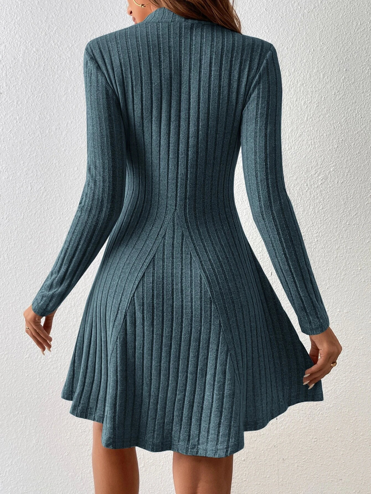 Mia Muse Women's Dresses Fall Winter Simple Solid Color Long Sleeve Mock Neck A Line High Waisted Flare Hem Casual Short Dresses