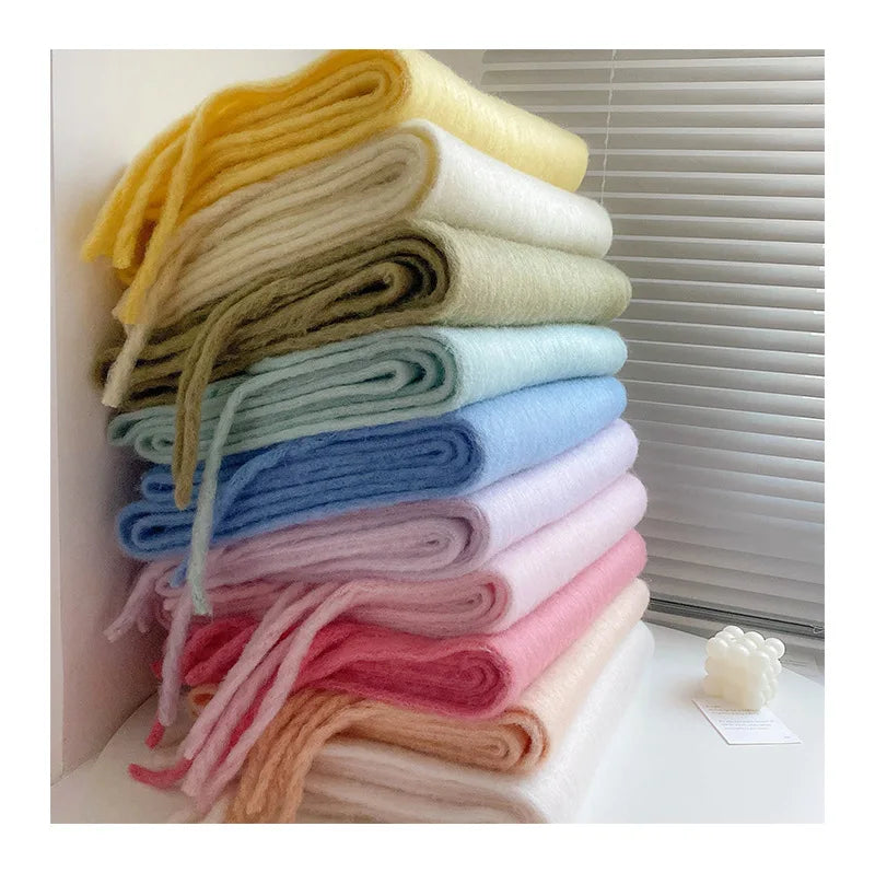 Luxury Cashmere Bright Solid Colors Women Scarf Winter Shawl and Wrap Bandana Pashmina Tassel Female Foulard Thick Blanket