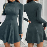 Mia Muse Women's Dresses Fall Winter Simple Solid Color Long Sleeve Mock Neck A Line High Waisted Flare Hem Casual Short Dresses