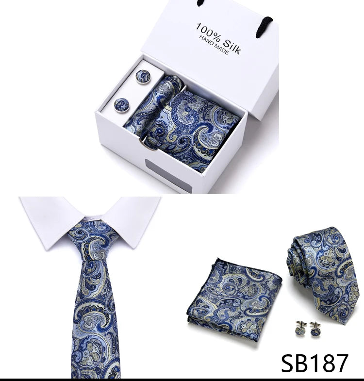 Brand 100% Silk Ties Gift box Office  Men Classic Party Wedding striped 7.5cm Silk Wedding  Floral Tie Necktie Handkerchief Set