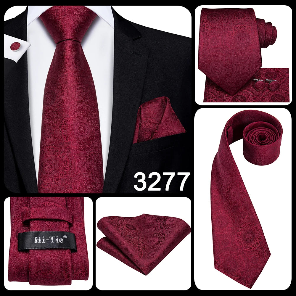 Hi-Tie Mens Gift Tie Set Red Wine Burgundy Paisley Silk Wedding Tie For Men Fashion Design Quality Hanky Cufflink Dropshipping