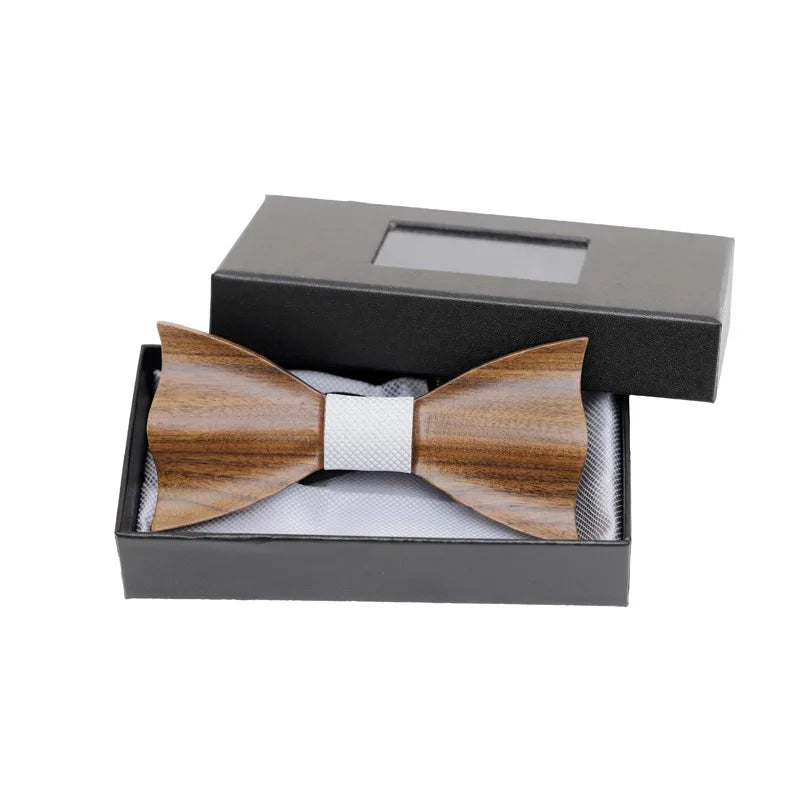 Wooden Bow Tie Handkerchief Cufflinks Set Men's Plaid Bowtie Wood Hollow carved cut out design with Gift Box Fashion Novelty tie