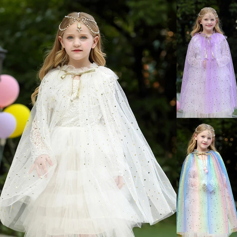 Colourful Princess Cape Cloaks for Little Girls Christmas Halloween Custome Cosplay Party Dress Shiny Sequin Shawl