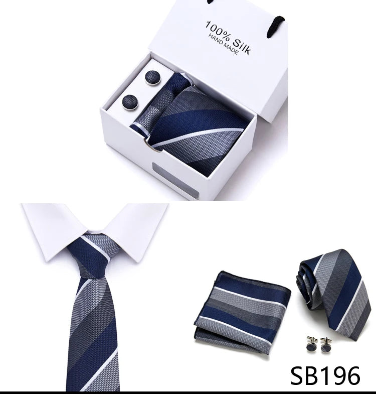 Brand 100% Silk Ties Gift box Office  Men Classic Party Wedding striped 7.5cm Silk Wedding  Floral Tie Necktie Handkerchief Set