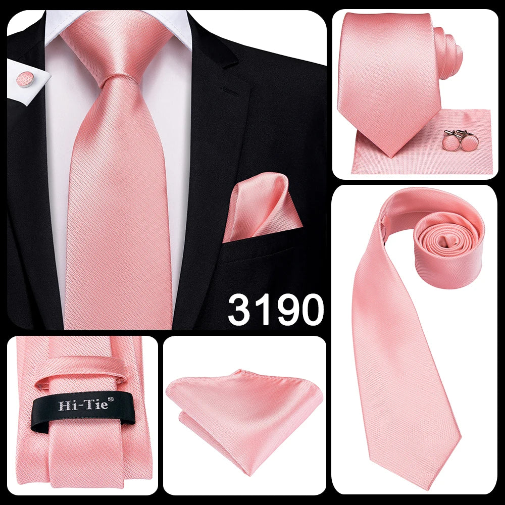 Hi-Tie Solid Rose Pink Coral Paisley Mens Silk Wedding Tie Fashion Design Necktie For Men Quality Hanky Cufflink Business Party