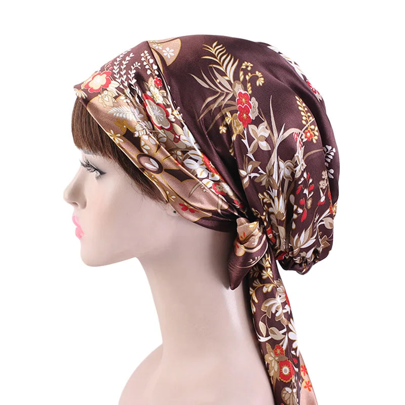 New Women silky satin night sleeping cap head wrap Bowknot Turban Pre Tied Fitted Bandana Chemo cap Nightcap hair loss patients