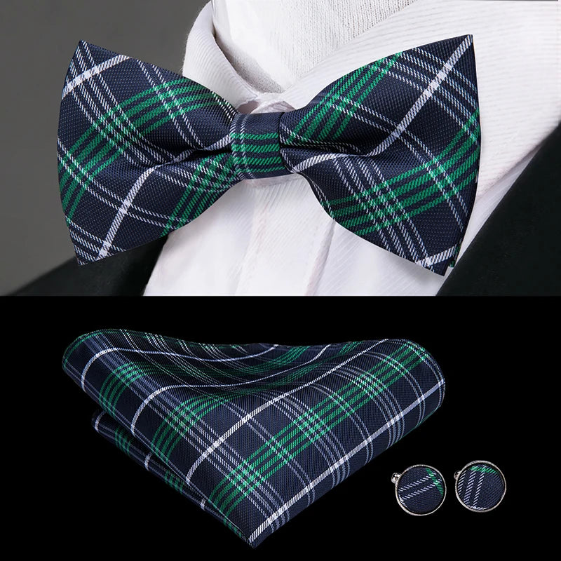 Hi-Tie Christmas Green Bow Ties for Men Silk Butterfly Tie Bow Tie Hanky Cufflinks Set Wedding Party Paisley Plaid Solid Bowtie