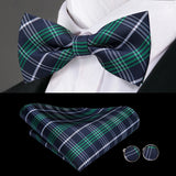 Hi-Tie Christmas Green Bow Ties for Men Silk Butterfly Tie Bow Tie Hanky Cufflinks Set Wedding Party Paisley Plaid Solid Bowtie