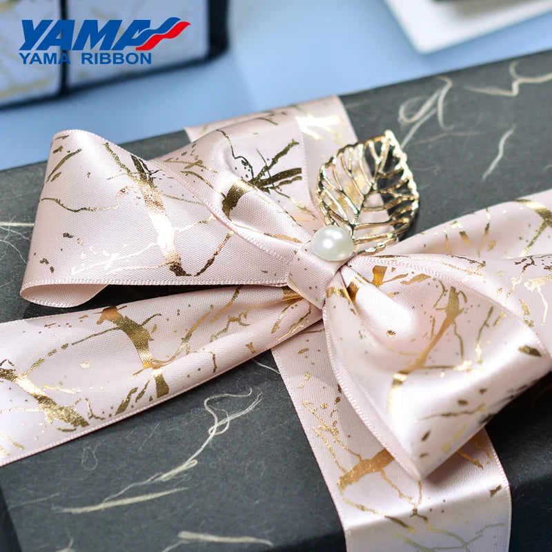 YAMA Ribbon 10yards/roll 38 mm Gold Foil Printed Satin Ribbons DIY Crafts Gifts Packaging Fashion Wedding Decoration