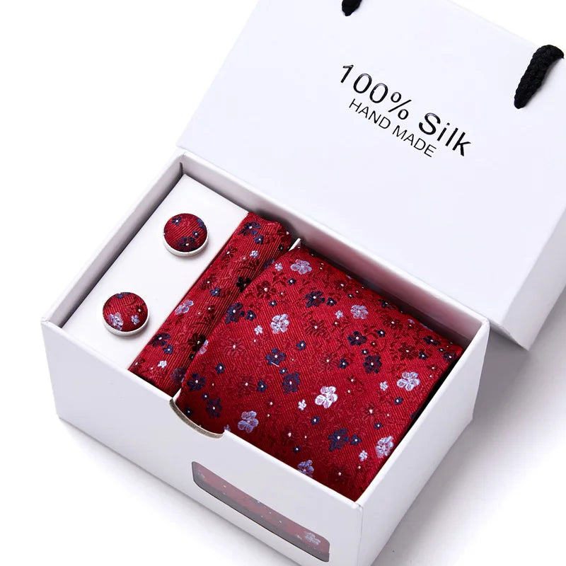 Brand 100% Silk Ties Gift box Office  Men Classic Party Wedding striped 7.5cm Silk Wedding  Floral Tie Necktie Handkerchief Set