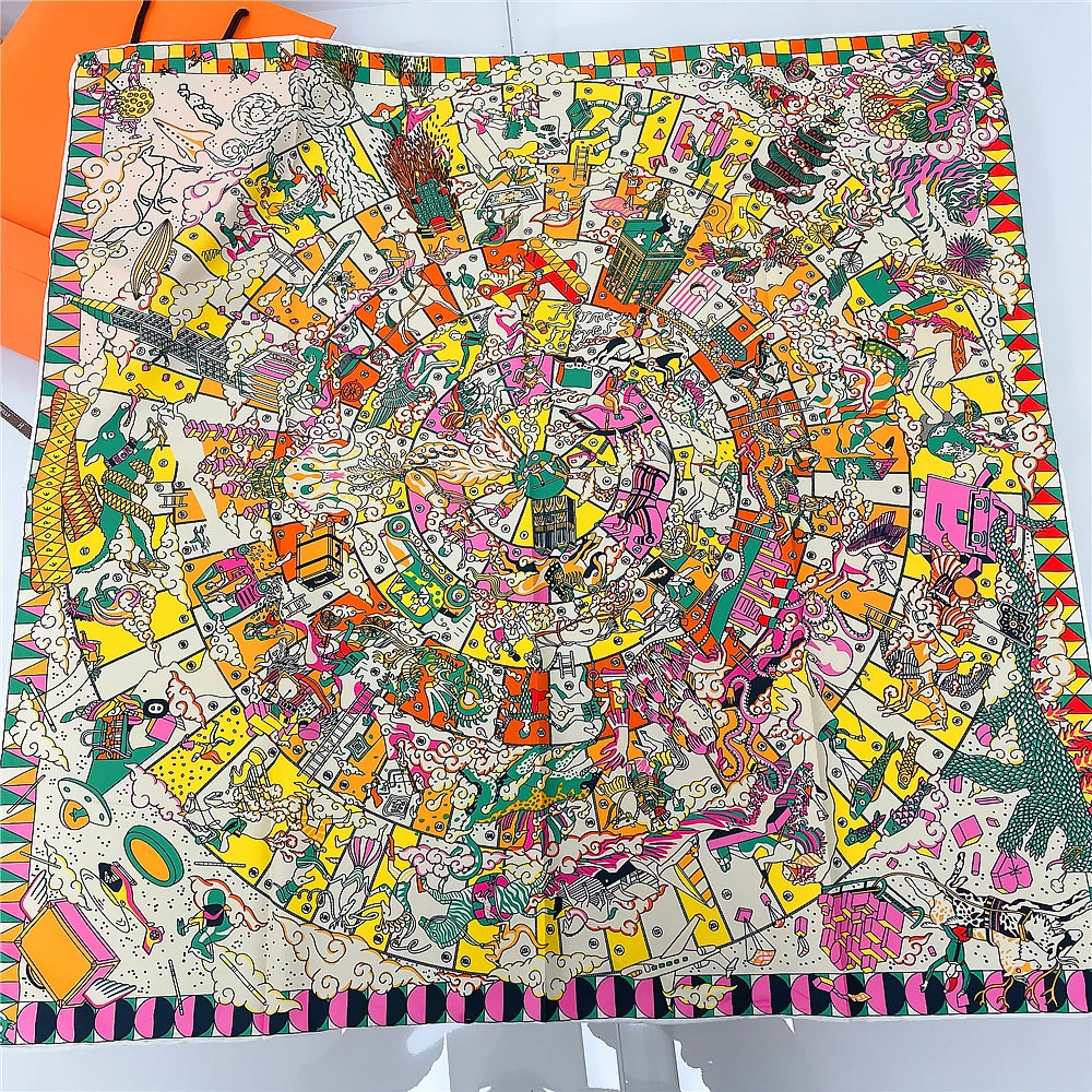 Manual Hand Rolled Twill Silk Scarf Women Hopi Print Square Scarves Wraps Echarpes Curled Foulards Femme Bandana Hijabs 90x90CM