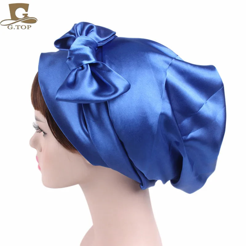 New Women silky satin night sleeping cap head wrap Bowknot Turban Pre Tied Fitted Bandana Chemo cap Nightcap hair loss patients