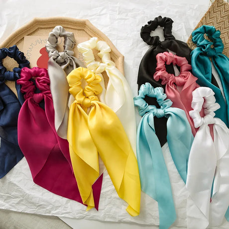 Large Colorful Poly Satin Rabbit Bunny Ear Bow Women’s Hair Scarf Scrunchies Solid Color Rubber Scrunchy Elastic Band for Girls