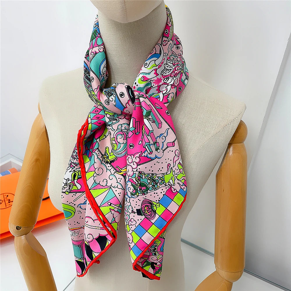 Manual Hand Rolled Twill Silk Scarf Women Hopi Print Square Scarves Wraps Echarpes Curled Foulards Femme Bandana Hijabs 90x90CM