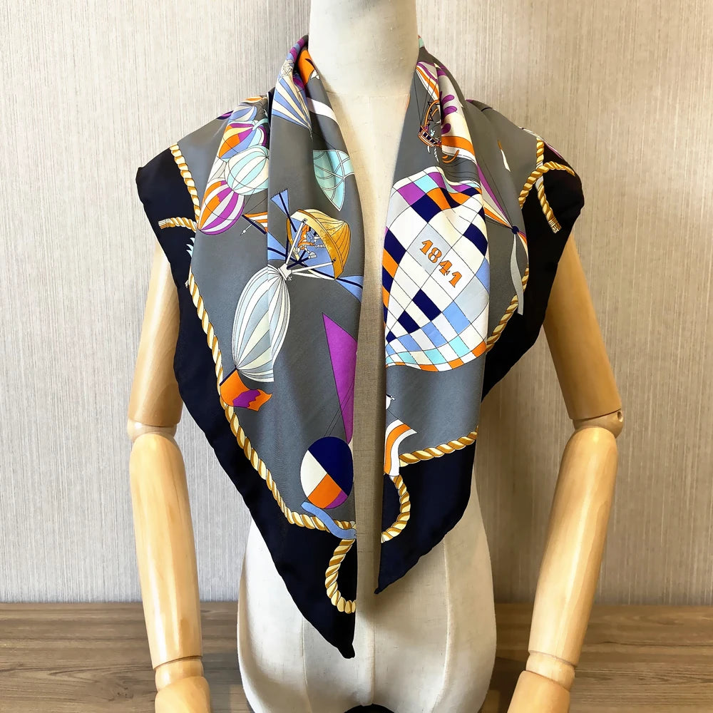 Cartoon balloon Twill Silk Scarf Handmade Curled Luxury Brand Square Hijab Scarf Women Bandana Foulard Head Scarves Shawl