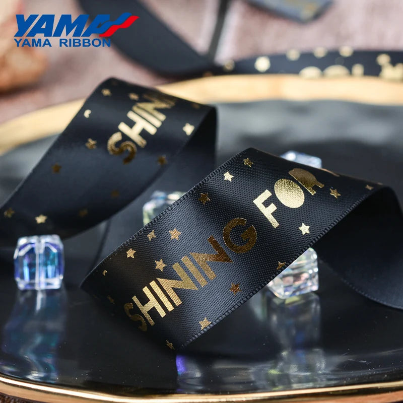 YAMA 10yards/roll Gold Foil Printed Black Ribbon 16 22 25 38 mm Noble Satin Ribbons for Gift Packaging Decoration DIY Craft