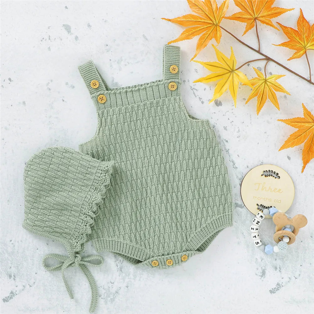 2Pcs Set Baby Knitted Romper Clothes Set Cotton Triangle Crotch Button One-Piece Jumpsuit+Hats Toddler Baby Boys Girls Outfits