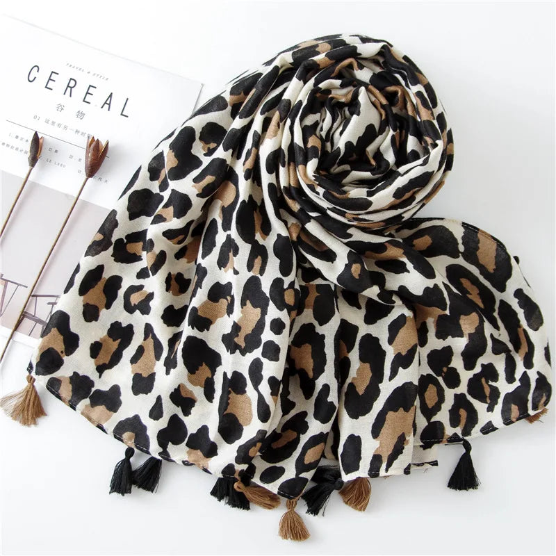 Fashion Printed Leopard Scarf Female Spring Muslim Women Hijab Scarves Tassel Large Size Headband Handkerchief Women's Bandana