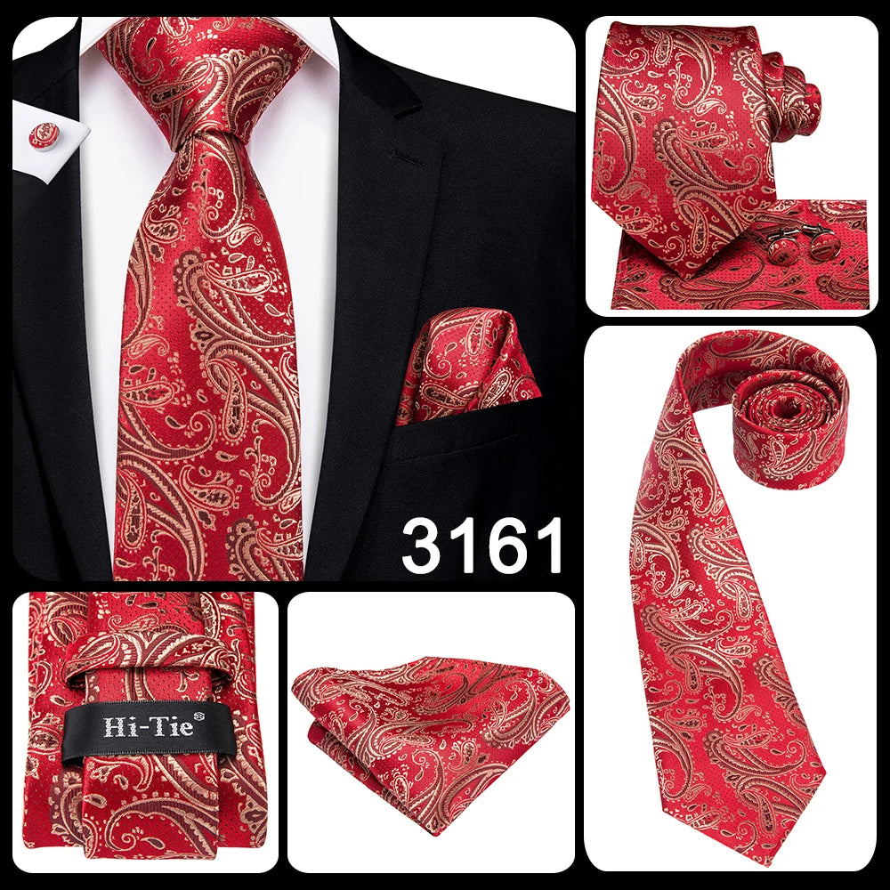 Hi-Tie Men's Tie Set Gold Paisley 100% Silk 8.5cm Wedding Ties For Men New Fashion Design Hanky Cufflinks Set Quality Necktie