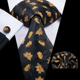 Hi-Tie Elegant Mens Necktie Black Gold Striped Paisley Silk Wedding Nicktie For Men Hanky Cufflinks Business Party Dropshipping