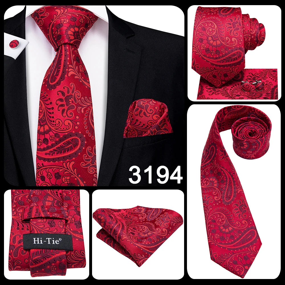 Hi-Tie Mens Gift Tie Set Red Wine Burgundy Paisley Silk Wedding Tie For Men Fashion Design Quality Hanky Cufflink Dropshipping