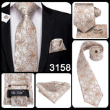 Hi-Tie Solid Champagne Ivory Floral Design Silk Wedding Tie For Men Quality Hanky Cufflink Fashion Nicktie Business Dropshipping